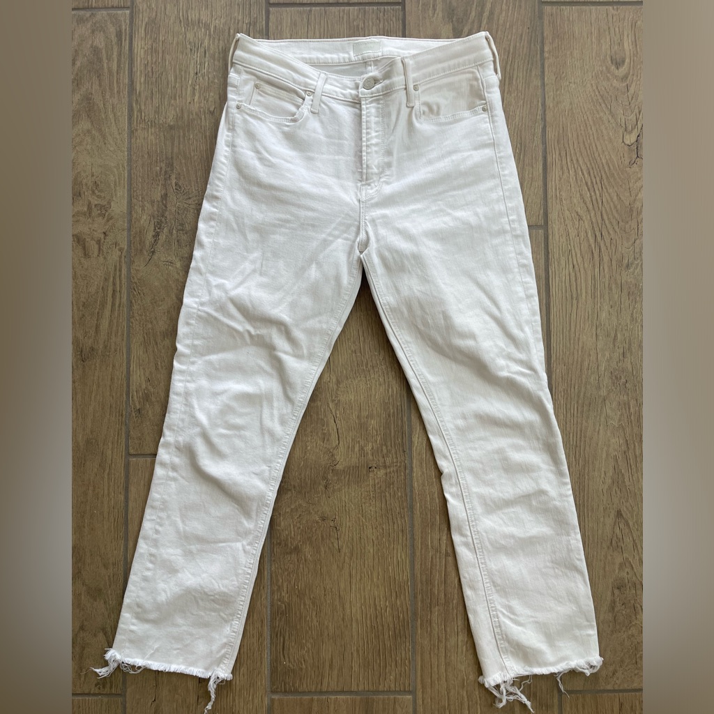 Mother White Frayed Ankle Crop Jeans